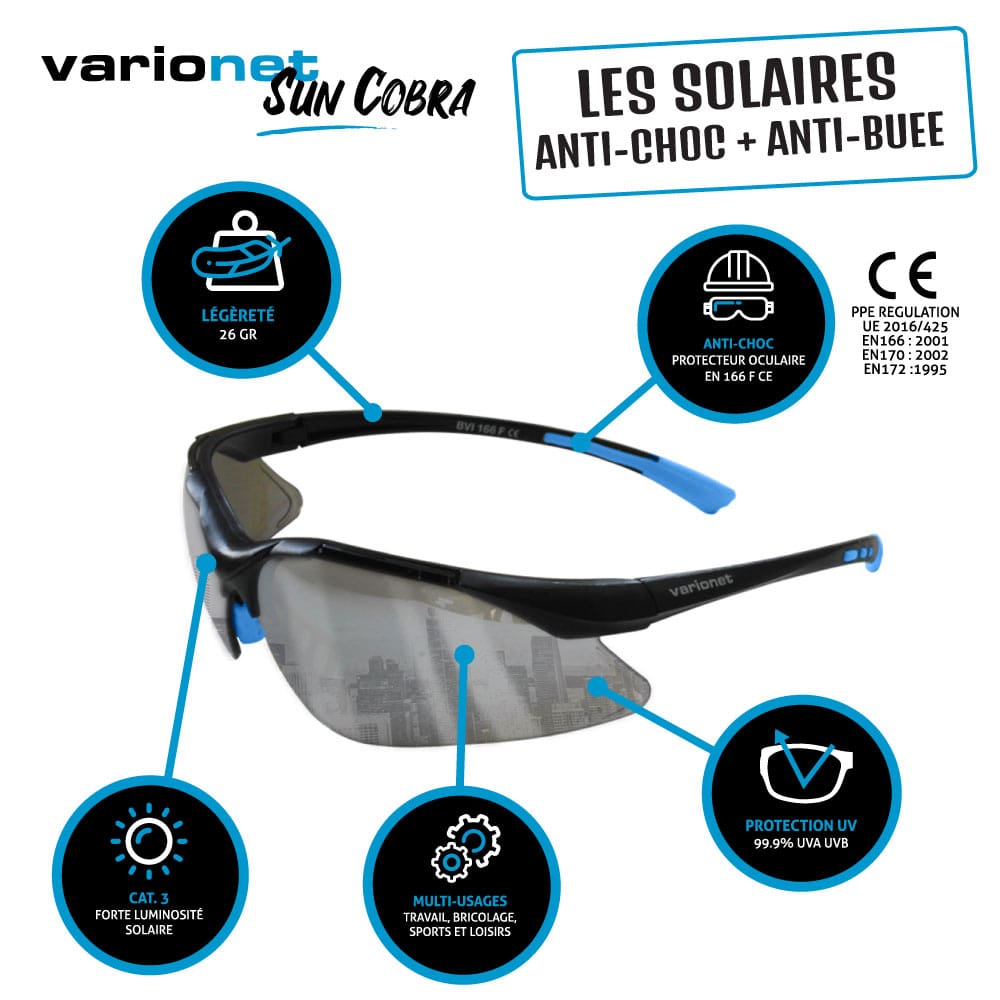 Lunettes de sécurité solaires Sun Cobra sans correction pour les pros –